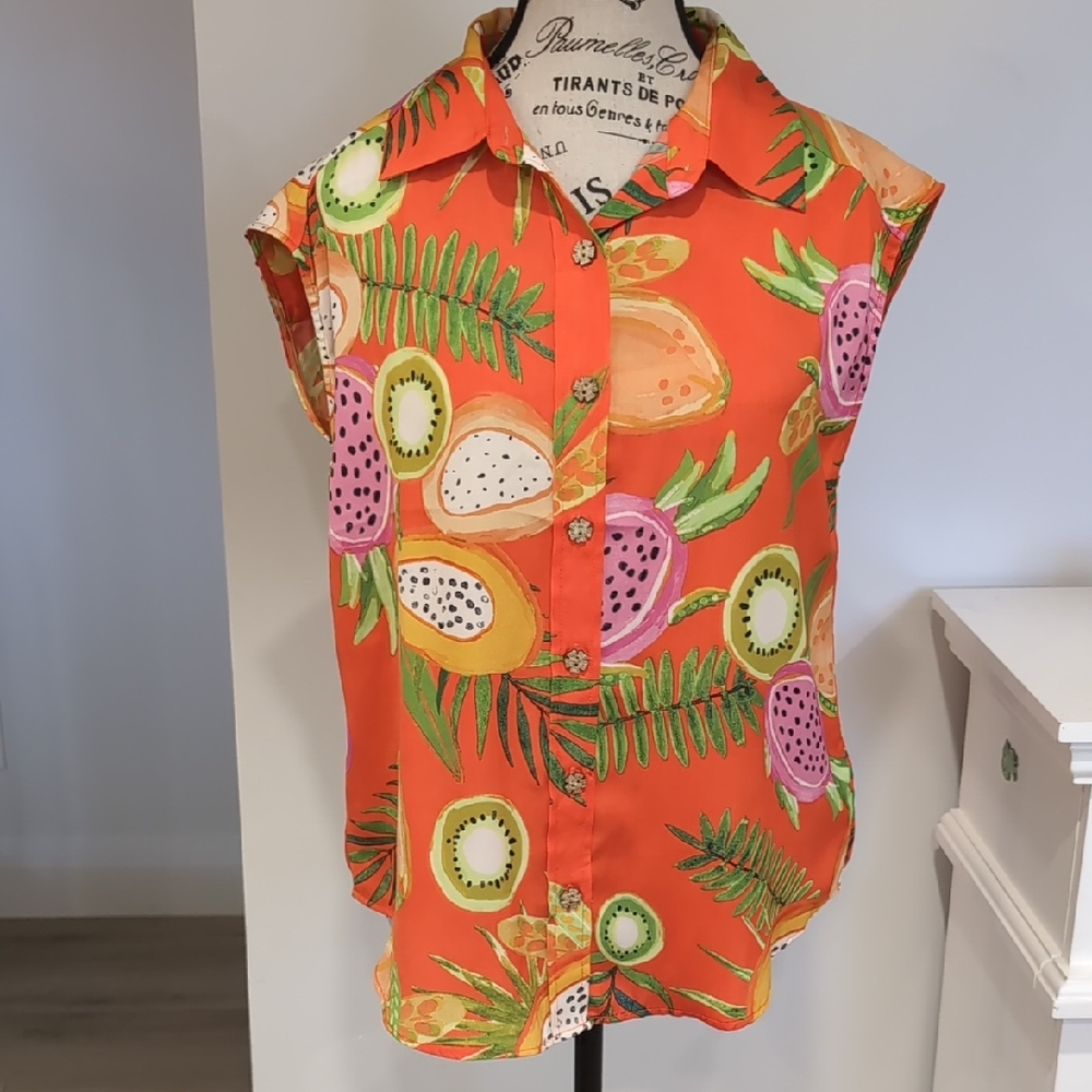 MAISON D'AMELIE | Women's Vibrant Orange Fruit Print Button Up Sleeveless Blouse